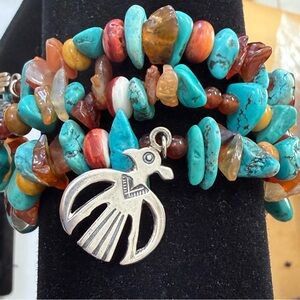 Turquoise Beaded Sterling Charms 3 Strand Bracelet 5 Cent Buffalo Toggle Paige W